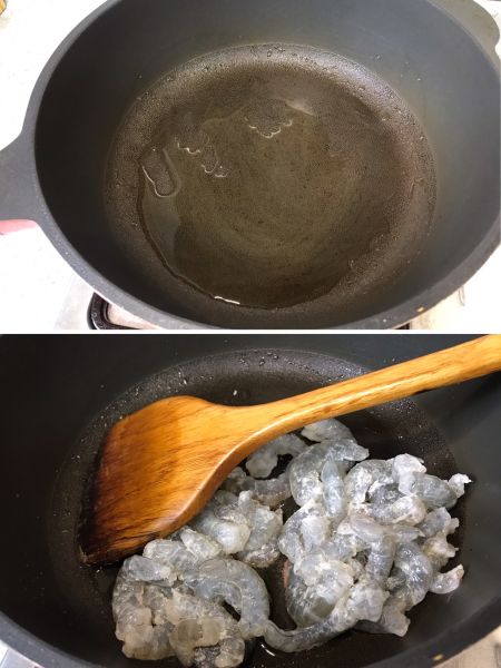 青瓜虾仁的做法操作步骤第3步：锅中倒油，下入虾仁煸炒