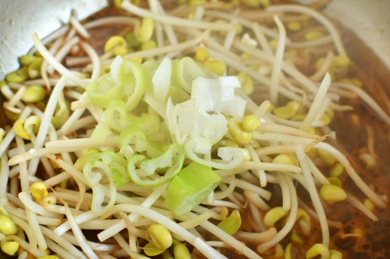 韩式辣牛肉锅的做法操作步骤第10步：加豆芽和葱花