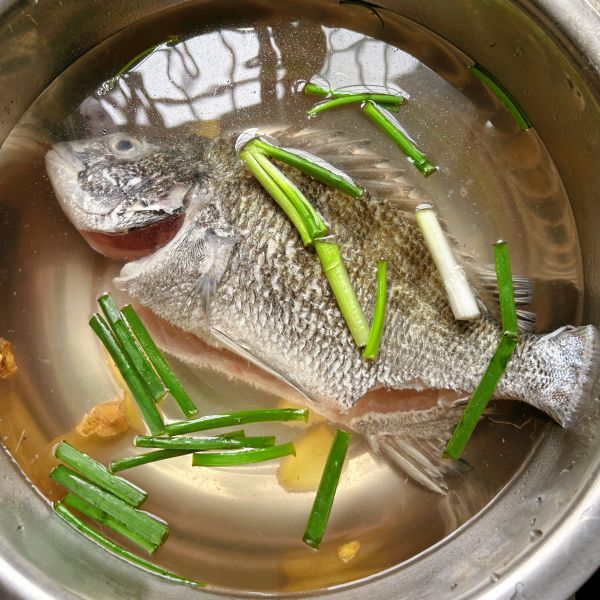 清蒸鱼的做法操作步骤第5步：接着把鱼放入一个大盆里，盆里放适量姜片、葱段，适量盐巴，倒入水没过鱼，腌制10分钟以上