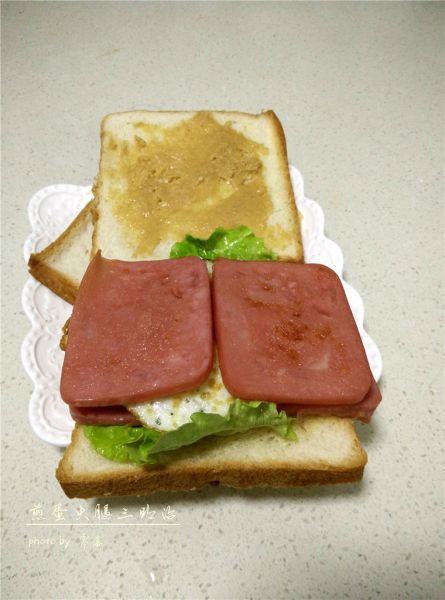 煎蛋火腿三明治的做法操作步骤第10步：再铺上火腿片；