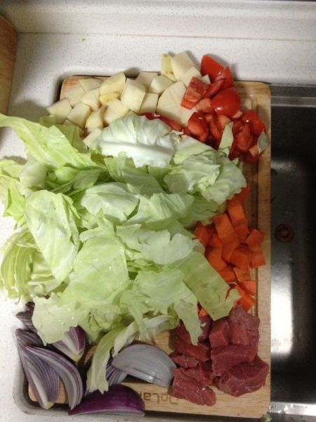 罗宋汤的做法操作步骤第1步：把牛肉土豆、西红柿、胡萝卜切粒，包菜、洋葱切好。