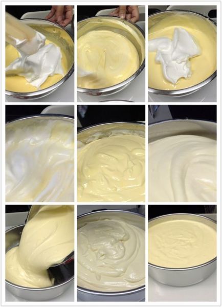 无油酸奶蛋糕的做法操作步骤第7步：取1/3蛋白加入到蛋黄糊中，翻拌均匀；再取1/3蛋白加入到蛋黄糊中，翻拌均匀；将拌好的蛋黄盆中的混合物倒回剩余的蛋白中，翻拌均匀。倒入模具。入烤箱160度烤70分钟。