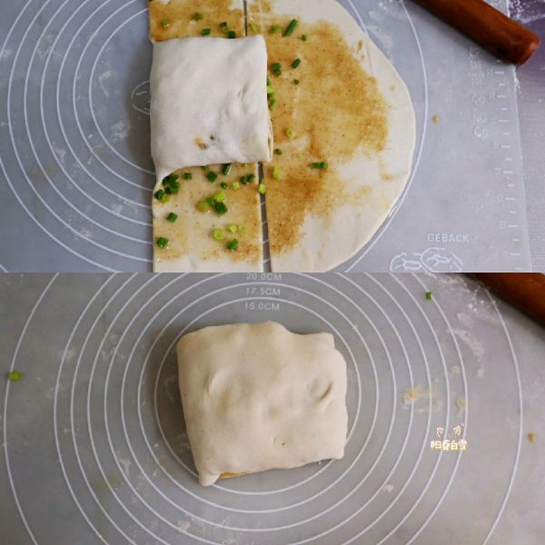 千层葱油饼的做法操作步骤第10步：最后折叠成正方形，擀大