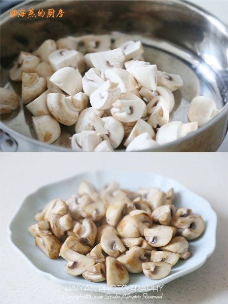 葱油蘑菇的做法操作步骤第3步：锅中不放油，把切好的蘑菇块倒入直接煸香