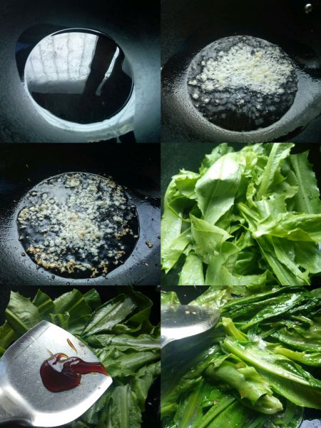 蒜蓉油麦菜的做法操作步骤第3步：锅烧热，倒油，先下蒜蓉炒香，再下入油麦菜翻炒，加入盐，生抽，蚝油，翻炒均匀即可。