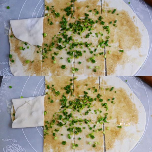 千层葱油饼的做法操作步骤第8步：从左边开始折叠，先上后下