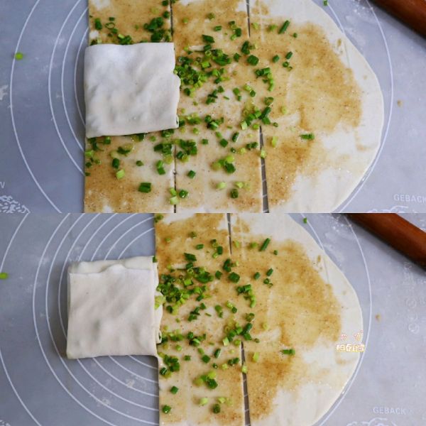 千层葱油饼的做法操作步骤第9步：然后再从左往右折叠，再上下，如图！