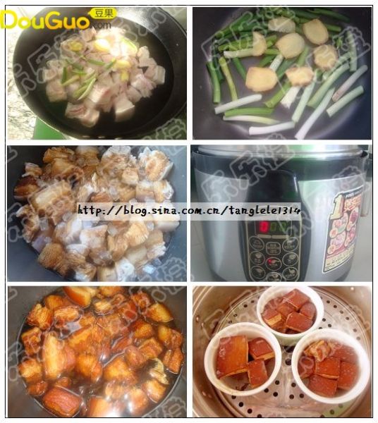 东坡肉的做法操作步骤第2步：把小葱和姜片铺在电力压煲中