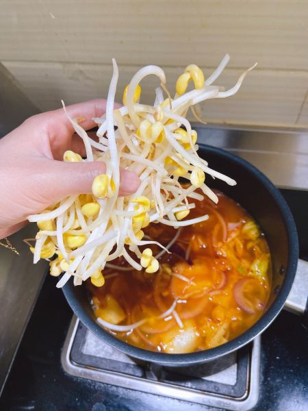 韩式豆腐汤的做法操作步骤第3步：加汤后，加入豆芽与豆腐