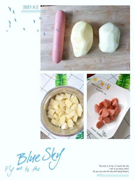 小吃的做法操作步骤第1步：土豆去皮洗净切块，洗掉淀粉，香肠切滚刀块。土豆焯水煮熟（用筷子一扎就透就可以），过凉沥干水分。
