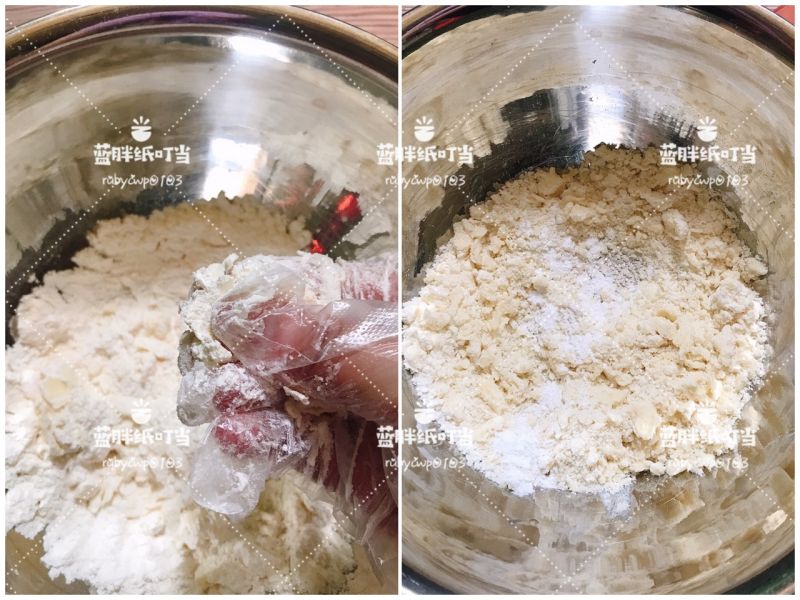 英式点心威尔斯烤饼的做法操作步骤第2步：用指尖将冰的黄油搓成沙粒状，加入泡打粉，混合均匀。